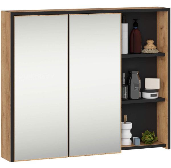Ak furniture Závesná kúpeľňová skrinka so zrkadlom VAMI 90 cm dub remeselný/čierna