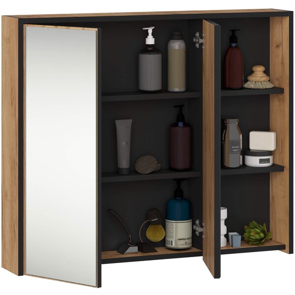 Ak furniture Závesná kúpeľňová skrinka so zrkadlom VAMI 90 cm dub remeselný/čierna