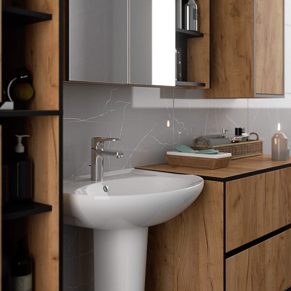 Ak furniture Závesná kúpeľňová skrinka so zrkadlom VAMI 90 cm dub remeselný/čierna