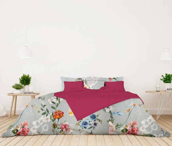 Ervi Bavlnené Saténové obliečky DELUXE DUO - Farebné kvety na šedom/fuchsia
