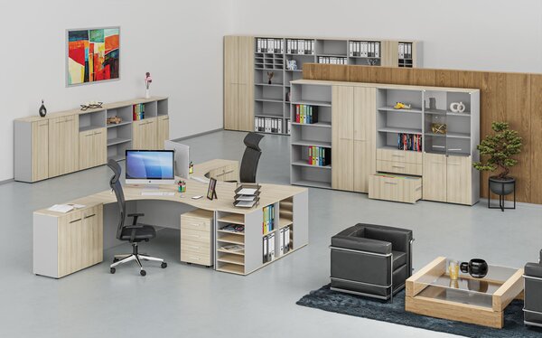 Kancelárska skriňa so zasúvacími dverami PRIMO GRAY, 800 x 420 x 740 mm, sivá/dub prírodný