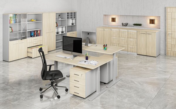 Kancelárska skriňa so zasúvacími dverami PRIMO GRAY, 800 x 420 x 1087 mm, sivá/dub prírodný