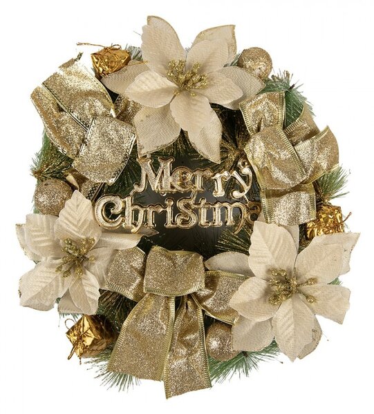 Zeleno-zlatý vianočný veniec s mašľami Merry Christmas - Ø 30*8 cm - Clayre & Eef