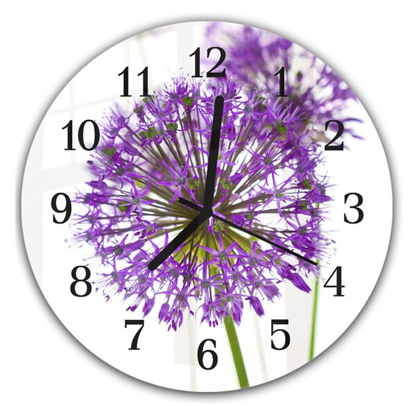 Nástenné hodiny okrúhle pr.30cm fialový kvet allium - plexi