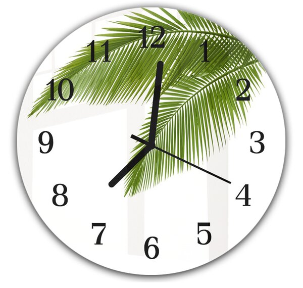 Nástenné hodiny okrúhle pr.30cm zelené palmové lístie - kalené sklo