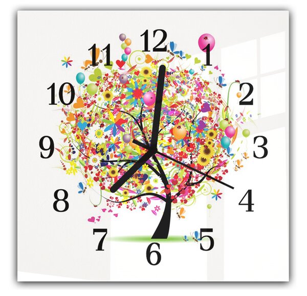 Nástenné hodiny 30x30cm veselý farebný strom s balónikmi - plexi