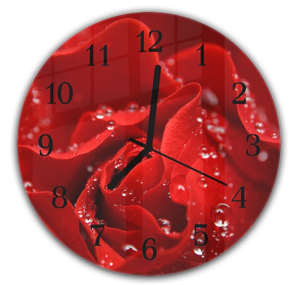 Nástenné hodiny okrúhle pr.30cm detail kvetu červenej ruže s rosou - plexi