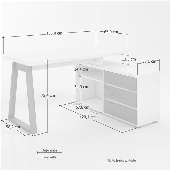ROHOVÝ PÍSACÍ STÔL, biela, dub artisan, 135/120/75 cm Stylife - Kancelárske stoly