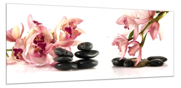 Obraz sklenený ružová orchidea a čierne okruhliaky - 40 x 60 cm
