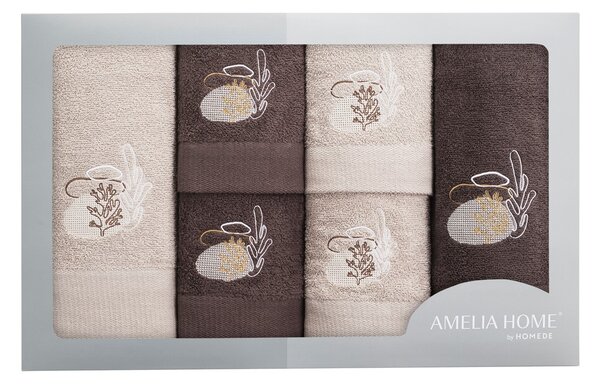 AmeliaHome Súprava uterákov s výšivkou Trisi - 6 kusov, béžová/hnedá
