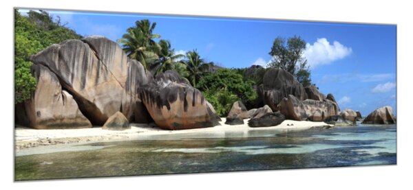 Obraz sklenený mora a pláž La Digue Seychely - 50 x 100 cm