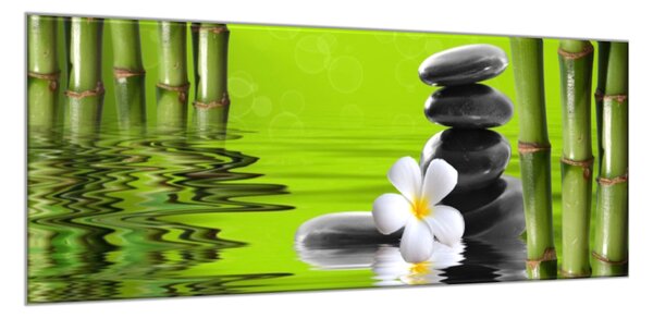 Obraz sklenený zelený bambus, kvet, kamene vo vode - 30 x 60 cm