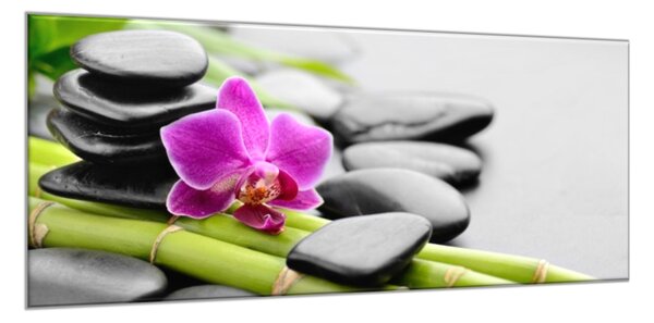Obraz sklenený kvet orchidea na zen čiernom kameni - 34 x 72 cm