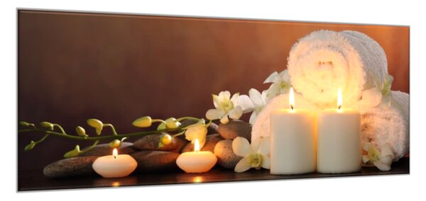 Obraz sklenený spa biele sviece, kvety a uterák - 40 x 60 cm