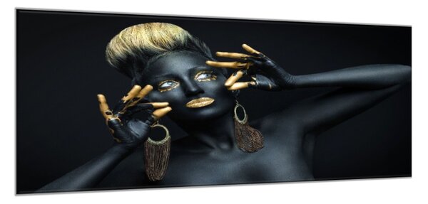 Obraz sklenený žena v čiernom so zlatým - 34 x 72 cm