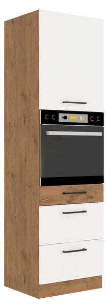 KONDELA Vysoká skrinka na vstavanú rúru, dub lancelot/biela extra vysoký lesk HG, VEGA 60 DPS-210 3S 1F