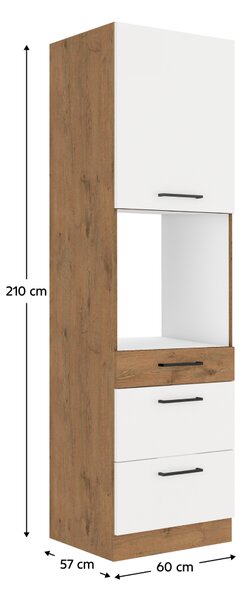 KONDELA Vysoká skrinka na vstavanú rúru, dub lancelot/biela extra vysoký lesk HG, VEGA 60 DPS-210 3S 1F