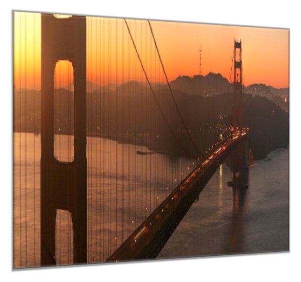Sklenený obraz štvorcový most Zlatá brána a východ slnka - 34 x 34 cm