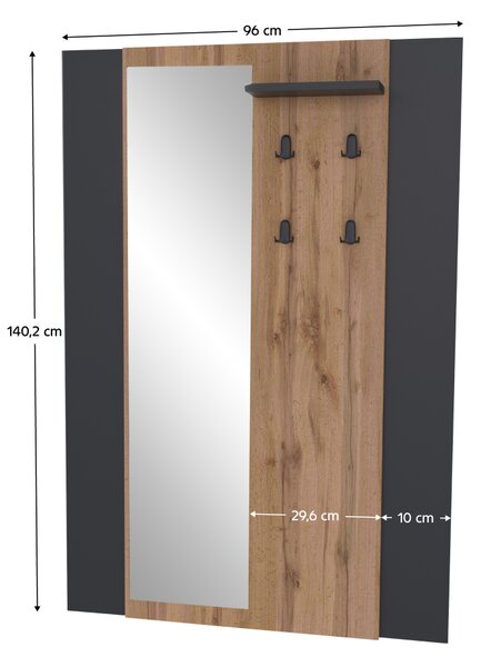 KONDELA Vešiakový panel so zrkadlom, dub wotan/čierna, AMONI