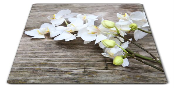 Sklenená doštička kvety biele orchidey na dreve - 30x20cm