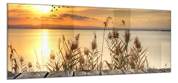 Obraz sklenený západ slnka nad jazerom - 50 x 125 cm