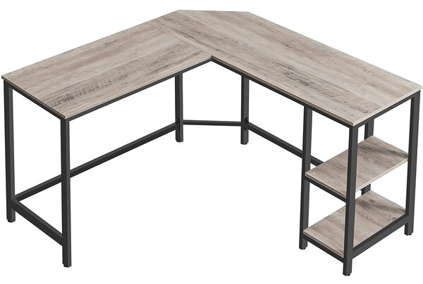 Rohový písací stôl v tvare L s 2 policami, sivý