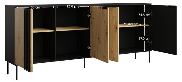 KONDELA Komoda 4D, čierna/dub artisan, RIMINA