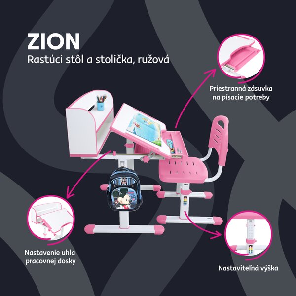 KONDELA Rastúci písací stôl a stolička, ružová/biela, set ZION