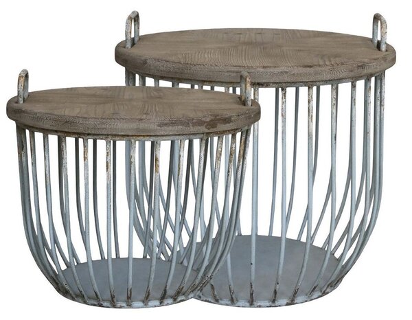 2ks zelený antik kovový coffee stolík s drevenou doskou Charlotte - Ø 57*48 cm - Chic Antique