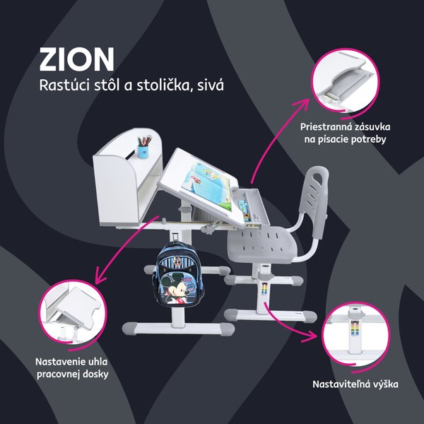 KONDELA Rastúci písací stôl a stolička, sivá/biela, set ZION