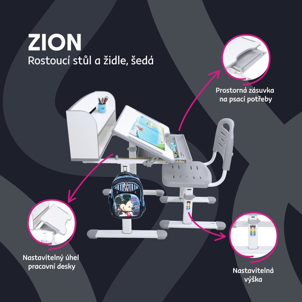 KONDELA Rastúci písací stôl a stolička, sivá/biela, set ZION