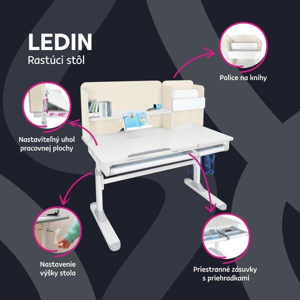 KONDELA Rastúci písací stôl, natural/biela, LEDIN