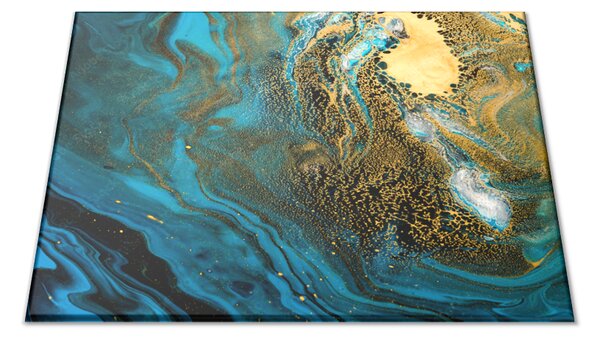 Sklenená doštička abstraktné modrej vlny a zlaté detaily - 30x20cm