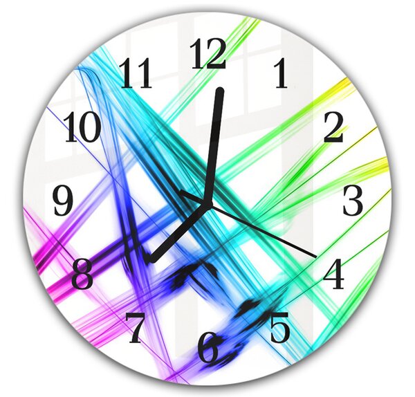 Nástenné hodiny okrúhle pr.30cm farebné lúče na bielom - kalené sklo