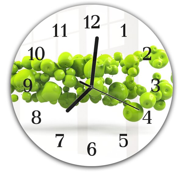 Nástenné hodiny okrúhle pr.30cm ovocie zelené jablká biele pozadie - kalené sklo