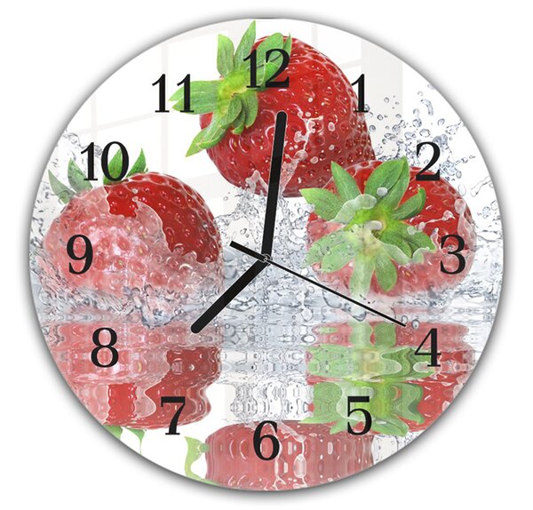 Nástenné hodiny okrúhle pr.30cm ovocie jahody vo vode - plexi