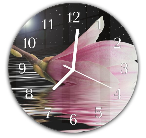 Nástenné hodiny okrúhle pr.30cm kvet magnólia na nočnou hladinou - plexi