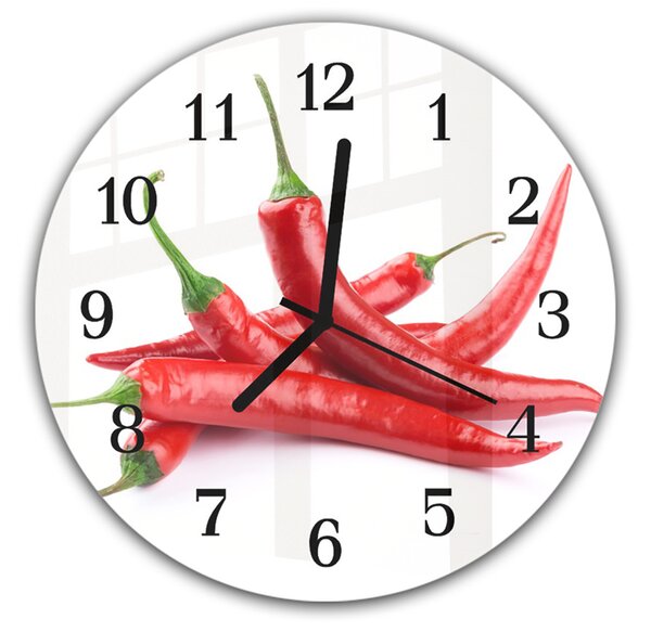 Nástenné hodiny okrúhle pr.30cm päť chilli papričiek na bielom podklade - kalené sklo