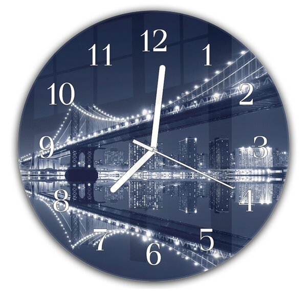 Nástenné hodiny okrúhle pr.30cm nočný osvetlený Manhattan most - plexi