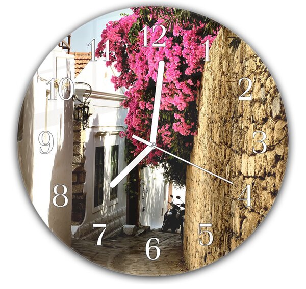 Nástenné hodiny okrúhle pr.30cm stredoveká ulička zdobená kvetinami - kalené sklo