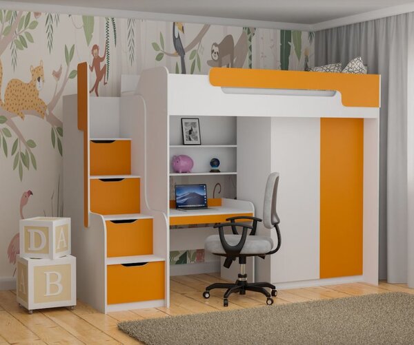 Detská vyvýšená posteľ s písacím stolom a skriňou DORIAN - 200x90 cm - oranžová