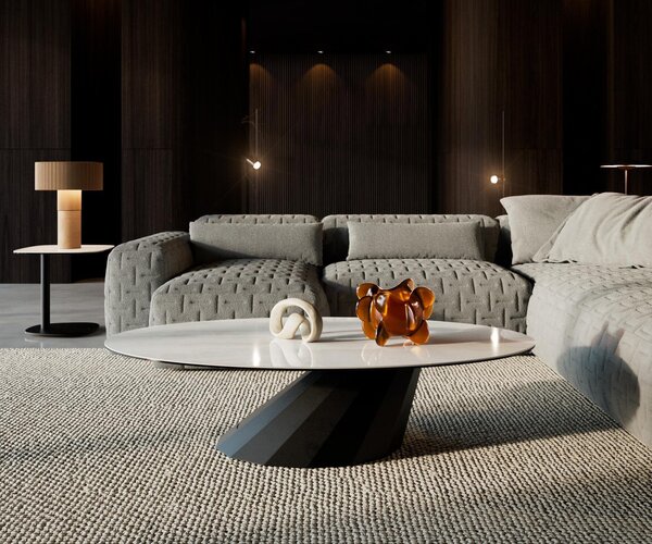 DELIFE Konferenčný stolík Edge oválny 140×80 cm keramika onyx šampanské Parabi kov čierna