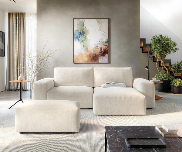 DELIFE Rohová pohovka Lanzo 230×155 cm texturovaná látka mäkká béžová ležadlo variabilné s taburetom