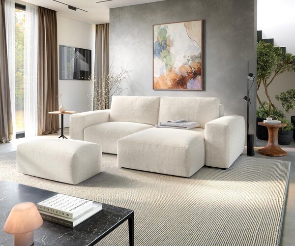 DELIFE Rohová pohovka Lanzo 230×155 cm texturovaná látka mäkká béžová ležadlo variabilné s taburetom