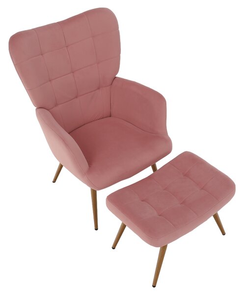 KONDELA Kreslo s podnožou, ružová Velvet látka/dub, HABEN