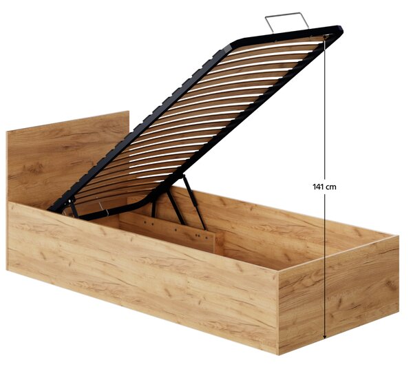 KONDELA Posteľ s kovovým roštom a úložným priestorom, 90x200, dub craft zlatý, DOLI