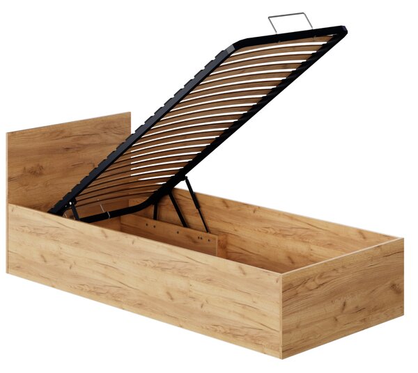 KONDELA Posteľ s kovovým roštom a úložným priestorom, 90x200, dub craft zlatý, DOLI