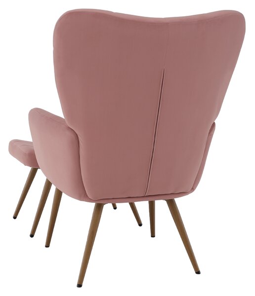 KONDELA Kreslo s podnožou, ružová Velvet látka/dub, HABEN