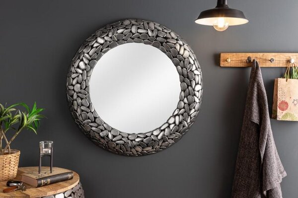 Invicta Interior - Lesklé zrkadlo STONE MOSAIC 82 cm ručne vyrobená mozaika, strieborné