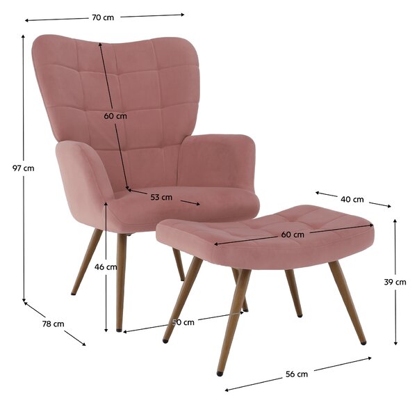 KONDELA Kreslo s podnožou, ružová Velvet látka/dub, HABEN